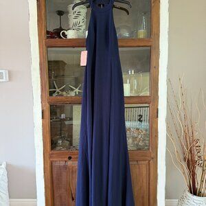 BHLDN Lennox Halter Open-Back Side-Slit Stretch Crepe Gown in NAVY - NWT